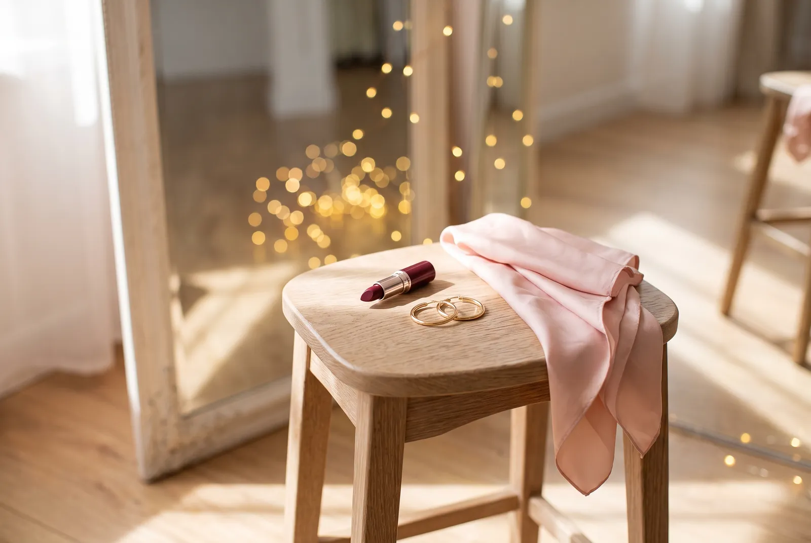 A studio stool holding a wine-red lipstick, gold hoops and a blush silk scarf beside the mirror